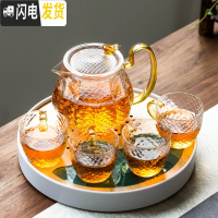 三维工匠日式透明玻璃茶具套装家用小套简约干泡茶壶器过滤高温耐热茶杯子 金色《龙鳞壶》玻璃一壶四杯+浪潮密胺储水盘