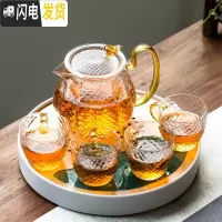 三维工匠日式透明玻璃茶具套装家用小套简约干泡茶壶器过滤高温耐热茶杯子 金色《龙鳞壶》玻璃一壶四杯+浪潮密胺储水盘