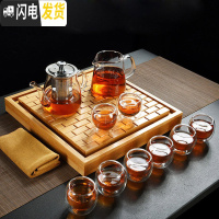 三维工匠透明玻璃茶具套装整套功夫大茶杯茶壶泡茶器竹茶盘 茶壶650+公杯350+8禅定杯+大四方砖盘+茶巾 8件