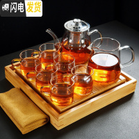 三维工匠透明玻璃茶具套装整套功夫大茶杯茶壶泡茶器竹茶盘 茶壶650+公杯350+6黄把杯+小四方砖盘+茶巾 8件
