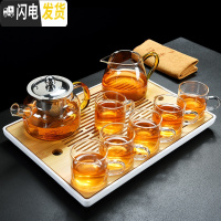 三维工匠透明玻璃加厚功夫茶具套装简约家用茶壶茶杯茶盘煮茶泡茶器 黄把如意壶+6透明把杯+黄把公杯+小号静雨盘+茶巾 8件
