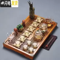 三维工匠 紫砂整套功夫茶具套装家用实木茶盘抽屉式茶杯茶道茶台 玻璃茶具+荷香幽梦[原木色] 27件