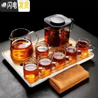三维工匠玻璃茶具套装家用日式飘逸杯茶水分离单壶煮茶泡茶器茶壶 小静雨茶盘+小无闻方形壶+小公杯+6透明把杯+茶巾 8件