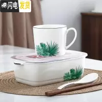 三维工匠陶瓷分格饭盒便当盒微波炉专用碗密封带盖分隔长方形上班族保鲜盒 二格绿叶+杯子+勺筷