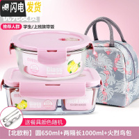 三维工匠上班族分隔玻璃饭盒微波炉收纳食物保鲜盒冰箱专用套装密封加热碗 [北欧粉]圆650+两隔长1000+火烈鸟包+餐具