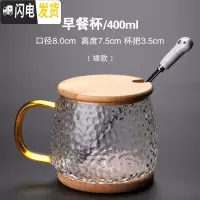 三维工匠可高温玻璃牛奶杯早餐杯家用可微波加热钢化麦片杯日式带盖锤纹杯玻璃杯