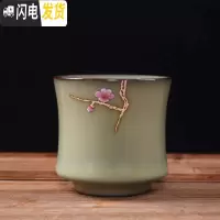三维工匠 粗陶铁胎官窑茶杯 青瓷开片功夫茶杯陶瓷个性主人品茗单杯 米黄描银高风杯(送布袋)