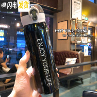 三维工匠韩国简约英文小清新弹盖保温水瓶男女学生情侣便携不锈钢车载杯子 新款大号黑色弹盖英文系列保温杯