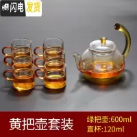 三维工匠玻璃小茶杯带把6只装主人杯功夫茶具耐热家用套装迷你品茗杯 黄把壶套装
