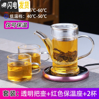 三维工匠加厚玻璃泡茶壶过滤冲茶器红茶泡简约办公室功夫茶具小号 透明把单壶+红保温座+2杯