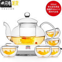 三维工匠耐热玻璃泡花茶壶套装家用泡茶壶花茶茶具套装带过滤茶具杯子 圆壶600+熊时代白+6个圆趣杯