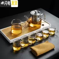 三维工匠家用耐热玻璃茶具套装过滤花茶壶茶杯竹托盘茶盘整套泡 圆把玻璃茶壶(650)+公杯+6透明把直杯+长方竹道托盘