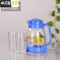 三维工匠冷水壶大容量玻璃可高温凉白开水杯茶壶套装家用果汁壶防爆凉水壶 蓝色(2000)+2直杯