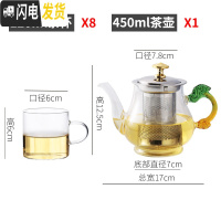 三维工匠玻璃茶壶单壶可高温过滤网加厚泡茶壶防爆花茶壶套装明火家用煮茶 [梨型]绿玉把+8只茶杯