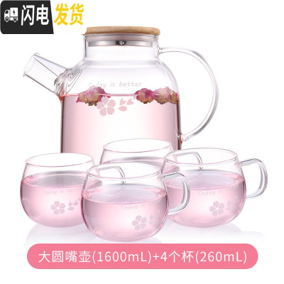 三维工匠茶壶耐热玻璃茶具可高温泡茶壶花茶壶过滤家用烧水壶套装 大圆嘴壶+4杯