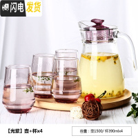 三维工匠冷水壶玻璃凉水壶瓶大容量泡茶防爆家用非耐热高温凉白开水杯套装 (光紫)壶+杯x4