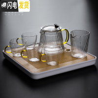 三维工匠玻璃茶壶茶具套装家用简约办公室整套功夫茶具耐热泡茶壶茶杯茶盘 初夏茶具套装—竖纹壶7入