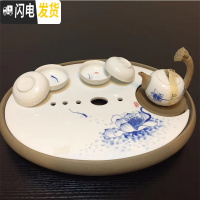 三维工匠家用陶瓷茶盘大号手绘荷花茶台圆形双层储水式茶托干泡托盘 芙蓉大号盘+莲蓬一壶四杯碗杯茶具