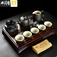 三维工匠黑陶粗陶功夫茶具套装家用简约实木竹茶盘复古茶壶盖 黑陶冠壶10头+云水间竹茶盘(37*26*6.3cm) 10件