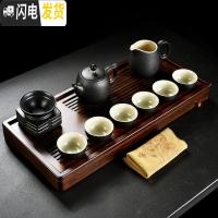 三维工匠黑陶粗陶功夫茶具套装家用简约实木竹茶盘复古茶壶盖碗 黑陶冠壶10头+优逸竹茶盘(50*22*4.6cm) 10件