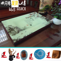 三维工匠家用茶具客厅钢化玻璃功夫茶盘套装现代简约长方形小茶台茶海小号 玫红色山水情64X40木