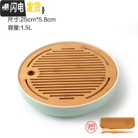 三维工匠陶瓷茶盘日式家用竹托盘功夫茶具套装圆形简约实木干泡迷你小茶台 陶瓷日月青大号