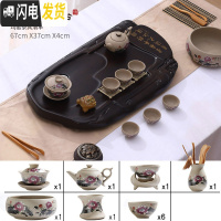 三维工匠茶盘家用简约长方形客厅功夫茶具套装排水托盘大号茶海泡茶小茶台 小磐石黑檀纹粗陶套装