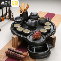 三维工匠家用石磨茶盘黑陶粗陶手绘紫砂哥窑汝窑功夫茶具陶瓷茶台茶托干泡 牛转乾坤茶盘+黑陶茶具套组 20件