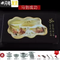 三维工匠玻璃茶盘钢化家用套装长方形大号排水式琉璃潮州功夫茶具 马到成功(B款}64*40送9件茶具
