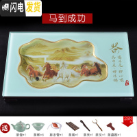 三维工匠玻璃茶盘钢化家用套装长方形大号排水式琉璃潮州功夫茶具 马到成功(A款}64*40送7件茶具