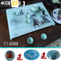 三维工匠2020家用玻璃茶盘长方形钢化玻璃茶盘套装茶台茶海盘陶瓷琉璃 翠绿色茶道62X40一体茶具
