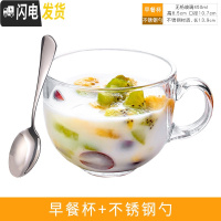 三维工匠透明大号燕麦早餐杯牛奶咖啡玻璃杯子家用带盖勺大肚水杯大口带把 杯+钢勺咖啡器具