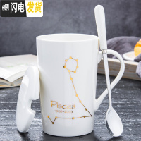 三维工匠创意陶瓷马克杯男女情侣家用喝水杯子个性潮流牛奶咖啡茶杯带盖勺 双鱼座-白金款咖啡器具