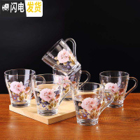三维工匠家用客厅印花冷水壶印花果汁凉水杯带把水具茶具耐热玻璃套装加厚 繁花见鸭嘴壶六只把杯