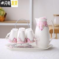三维工匠茶具家用欧式水杯冷水壶凉水壶陶瓷杯水具套装耐热杯具配托盘客厅 红玫花开1壶6杯送托盘铁架