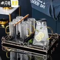 三维工匠轻奢水杯套装一套杯具杯子家用客厅玻璃水具北欧式茶壶 1大壶+6黄手把杯+1杯架+1轻奢大托盘+配送6勺子[304