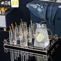 三维工匠轻奢水杯套装一套杯具杯子家用客厅玻璃水具北欧式茶壶套杯带 1大壶+6金边直杯+1轻奢大托盘+配送6勺子[309]