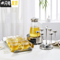 三维工匠家用茶杯水具组合日式锤纹凉水壶玻璃创意耐热高温冷水杯套装 [描金的]锤纹壶+6锤纹杯+方304盘+杯架+电陶炉
