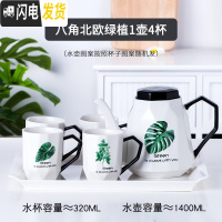 三维工匠简约陶瓷杯具套装家用水壶咖啡杯水具杯子茶具可高温欧式水杯套装 钻纹一壶四杯-大杯绿植白密胺盘