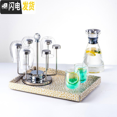 三维工匠家用冷水壶耐热防爆玻璃杯子套装凉水杯水具北欧创意茶具 菲拉斯+6水滴杯+方盘金色+旋转杯架