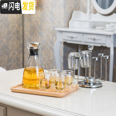 三维工匠家用冷水壶耐热防爆玻璃杯子套装凉水杯水具北欧创意茶具 菲拉斯+6水滴杯+橡木实木托盘+旋转杯架