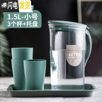 三维工匠大容量塑料冷水壶果汁壶扎壶凉茶壶耐热高温家用凉开水壶套装凉杯 米亚蓝小号1.5(带托盘+3个杯)凉水壶