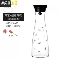 三维工匠Grand Cru欧式凉水壶玻璃可高温家用防爆冷水壶套装大容量凉水杯 苏艺.创意刻花1800[刻小鱼]