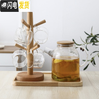 三维工匠玻璃冷水壶套装欧式可高温凉水壶杯子家用大容量凉白开热水壶防爆 透明6杯1壶1架1盘