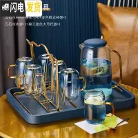 三维工匠北欧轻奢冷水壶套装家用喝水杯子可高温防爆玻璃凉水壶水杯带托盘 一壶六杯+莫兰迪大号+金(欧式杯架送樱花勺子)