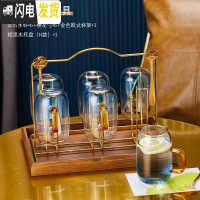 三维工匠北欧轻奢冷水壶套装家用喝水杯子可高温防爆玻璃凉水壶水杯带托盘 六杯+实木深色H盘+金欧式杯架(送樱花勺子)