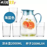 三维工匠玻璃果汁壶耐热冷水壶大容量茶壶凉白开水壶家用凉水壶套装 一壶四杯套装(200水杯、海蓝色壶)
