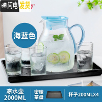 三维工匠玻璃果汁壶耐热冷水壶大容量茶壶凉白开水壶家用凉水壶套装 黑色茶盘套装(200水杯、海蓝色壶)