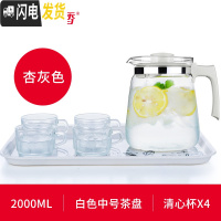 三维工匠1.5/2耐热玻璃泡茶壶冷水壶大容量凉水壶大号家用可高温 杏灰色+BB291+白色茶盘(茶盘花样随机发