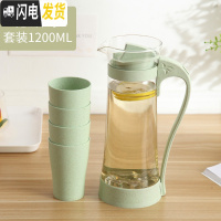三维工匠家用冷水壶玻璃耐热高温晾凉白开水杯扎壶防爆大容量透明水瓶套装 北欧绿-小麦杯5件凉水壶